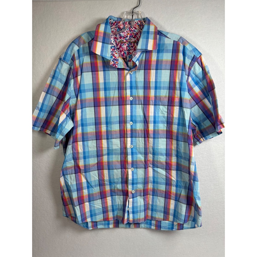 Alan Flusser Shirt Mens XL Blue Plaid Cotton Short Sleeve Button Down Preppy